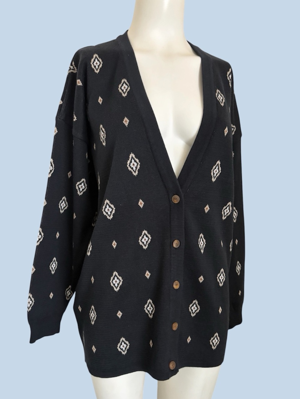 Vintage 90’s Liz Sport Oversized Drop Shoulder Diamond Pattern Cardigan sz PM M